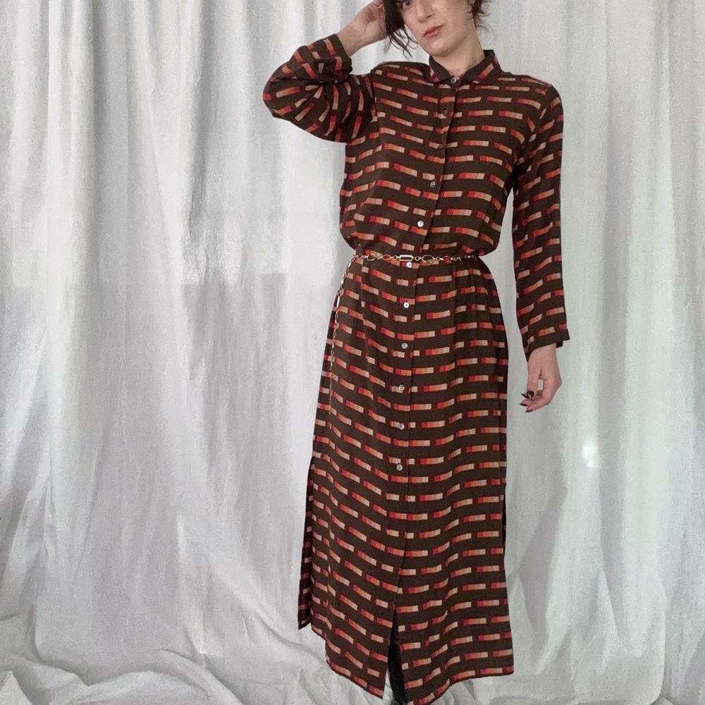 Chloe Brown Long Sleeve Geometric Print Maxi Dress with Red Accents
